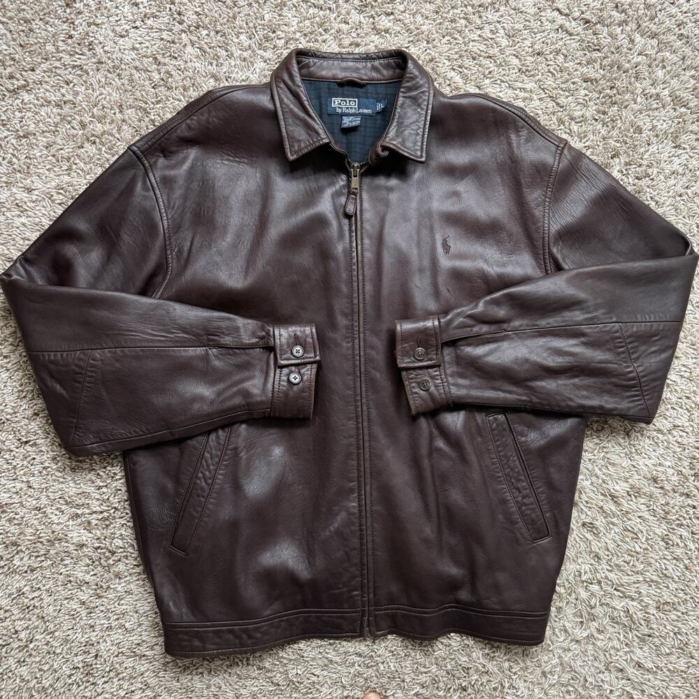Vintage Polo Ralph Lauren Brown Leather Jacket Full Zip Lined Men’s Size Large